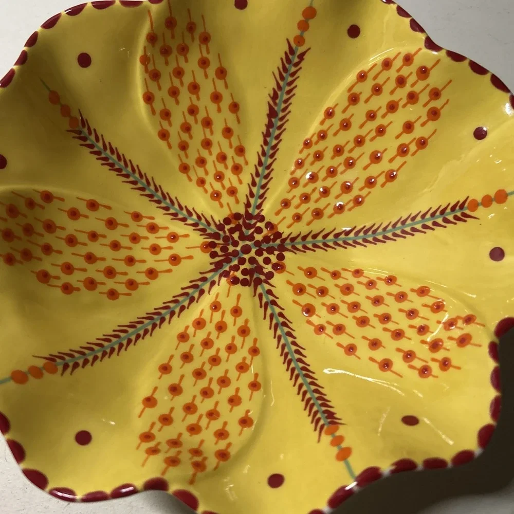 Potters Workshop Tulip Poppy Bowl Yellow/Red Wavy Edge Handpainted Africa PO18